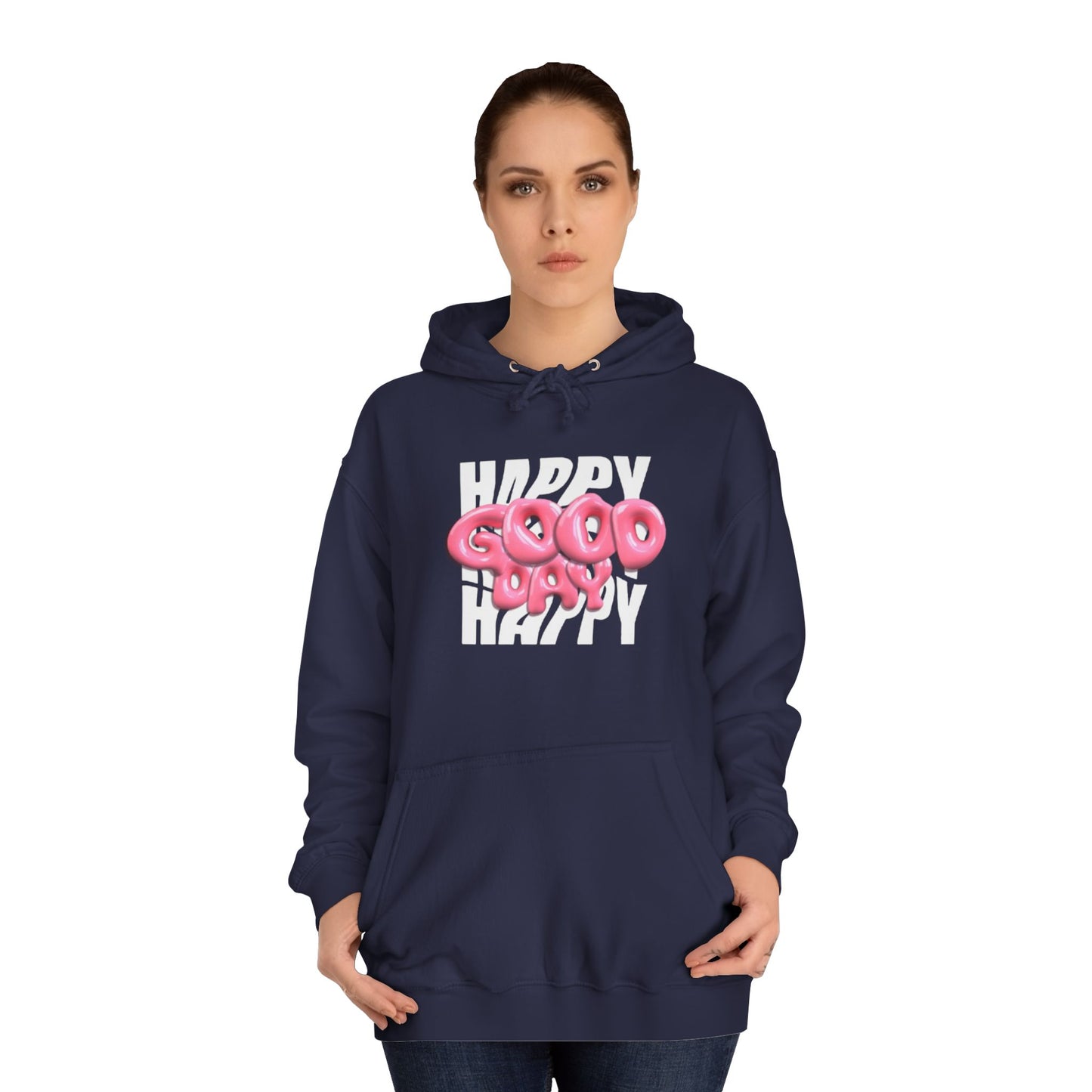 Happy Graffiti Hoodie — Pink Bubble Text College Pullover