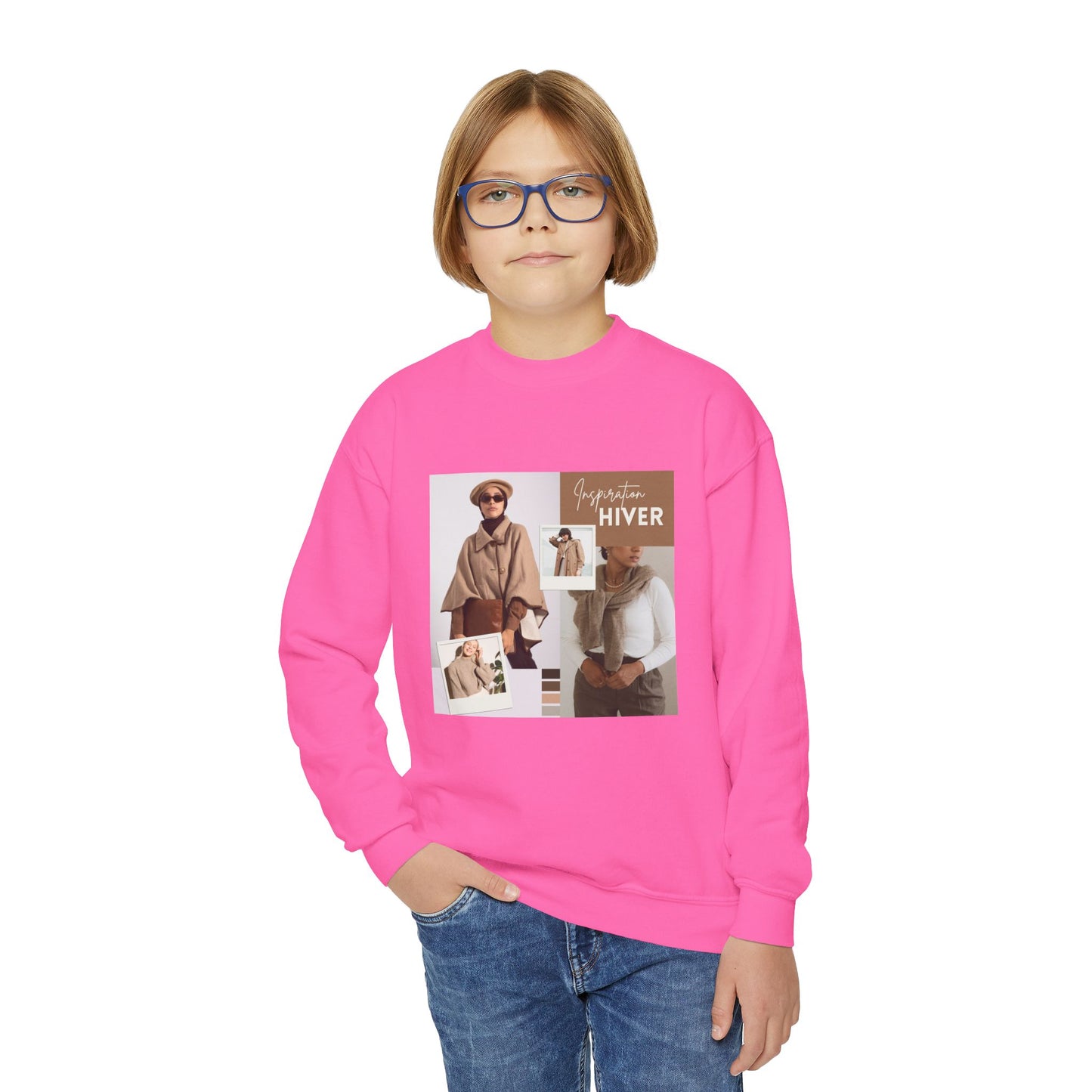 Youth Crewneck Sweatshirt — Cozy Winter Fashion Collage "Bonjour Hiver"