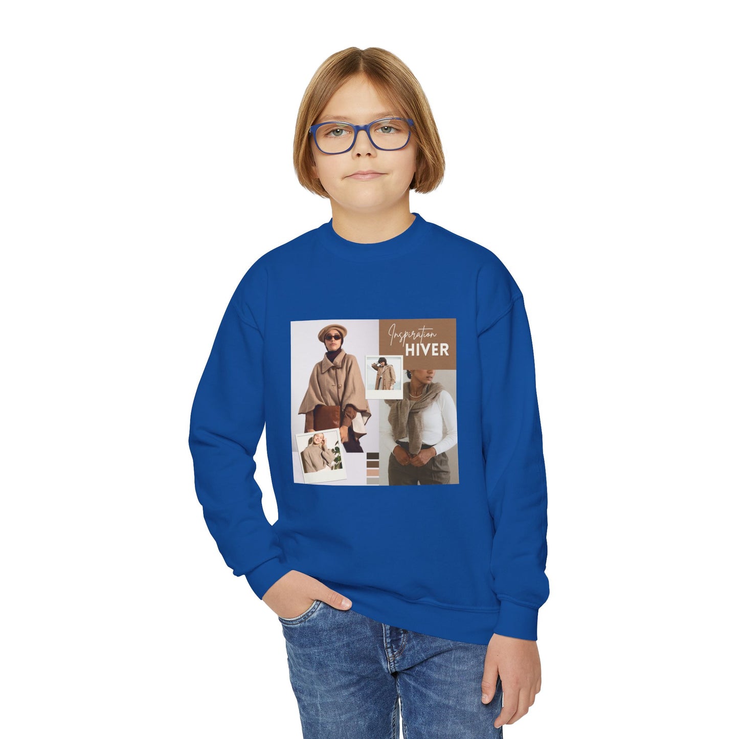 Youth Crewneck Sweatshirt — Cozy Winter Fashion Collage "Bonjour Hiver"