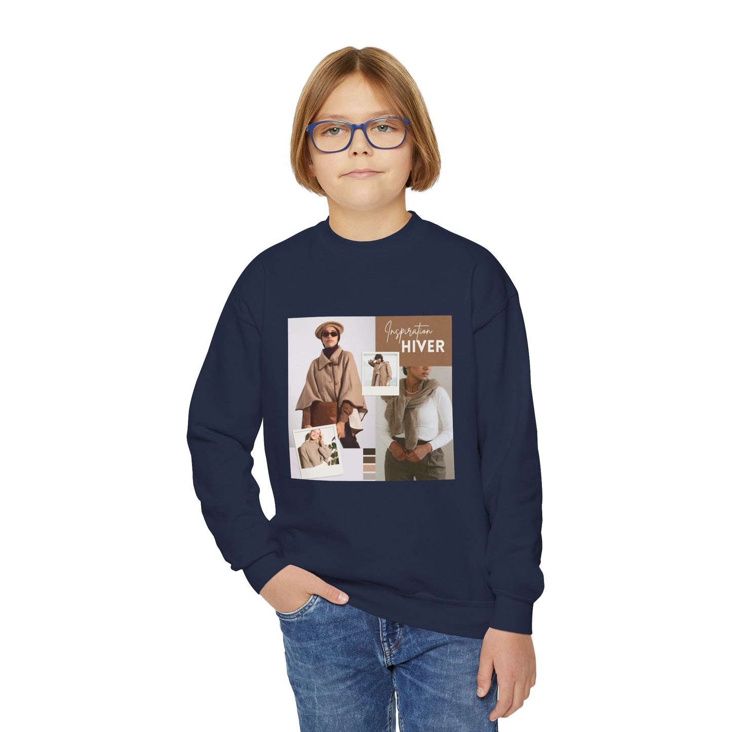 Youth Crewneck Sweatshirt — Cozy Winter Fashion Collage "Bonjour Hiver"