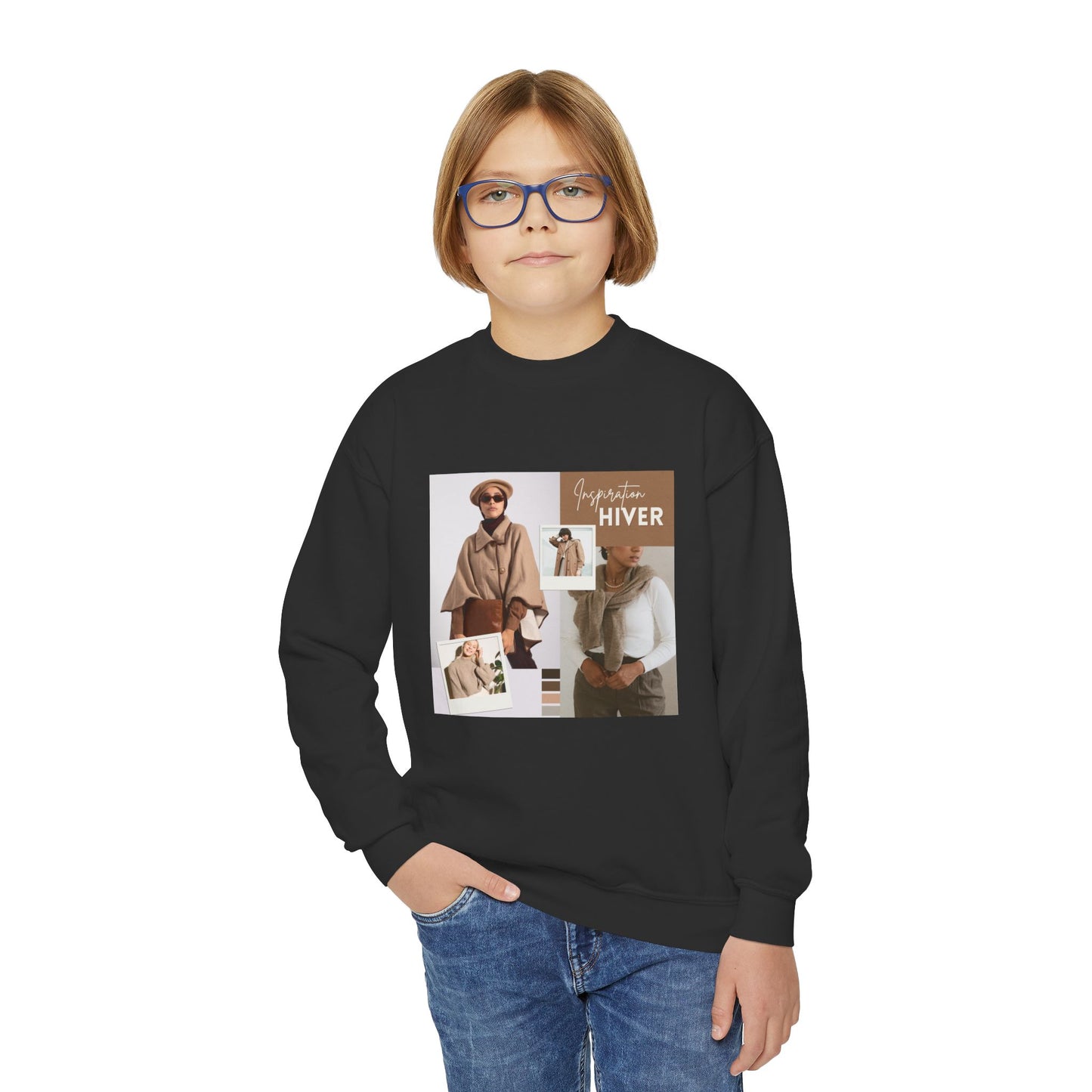 Youth Crewneck Sweatshirt — Cozy Winter Fashion Collage "Bonjour Hiver"