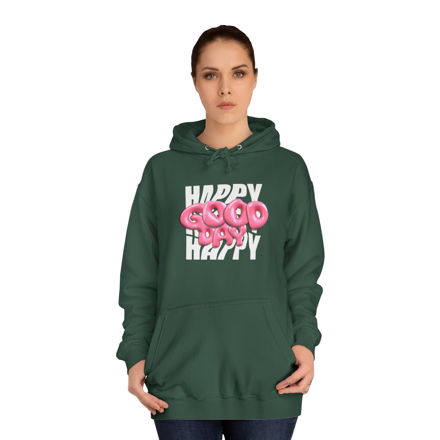 Happy Graffiti Hoodie — Pink Bubble Text College Pullover