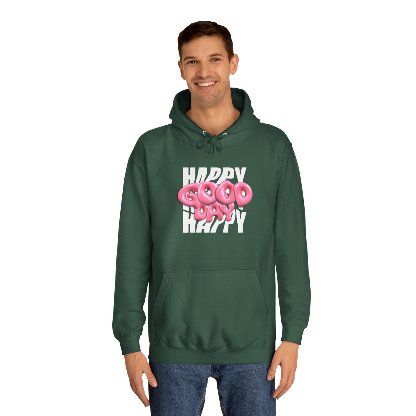Happy Graffiti Hoodie — Pink Bubble Text College Pullover