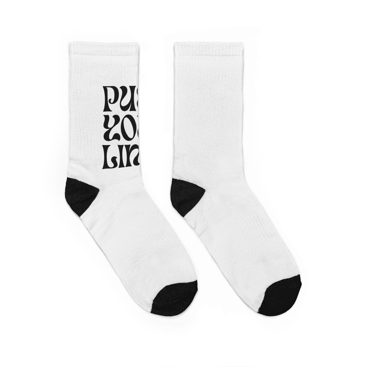 Crew Socks — White Padded Crew Socks with Vertical Black Retro Text "Push Your Limits"