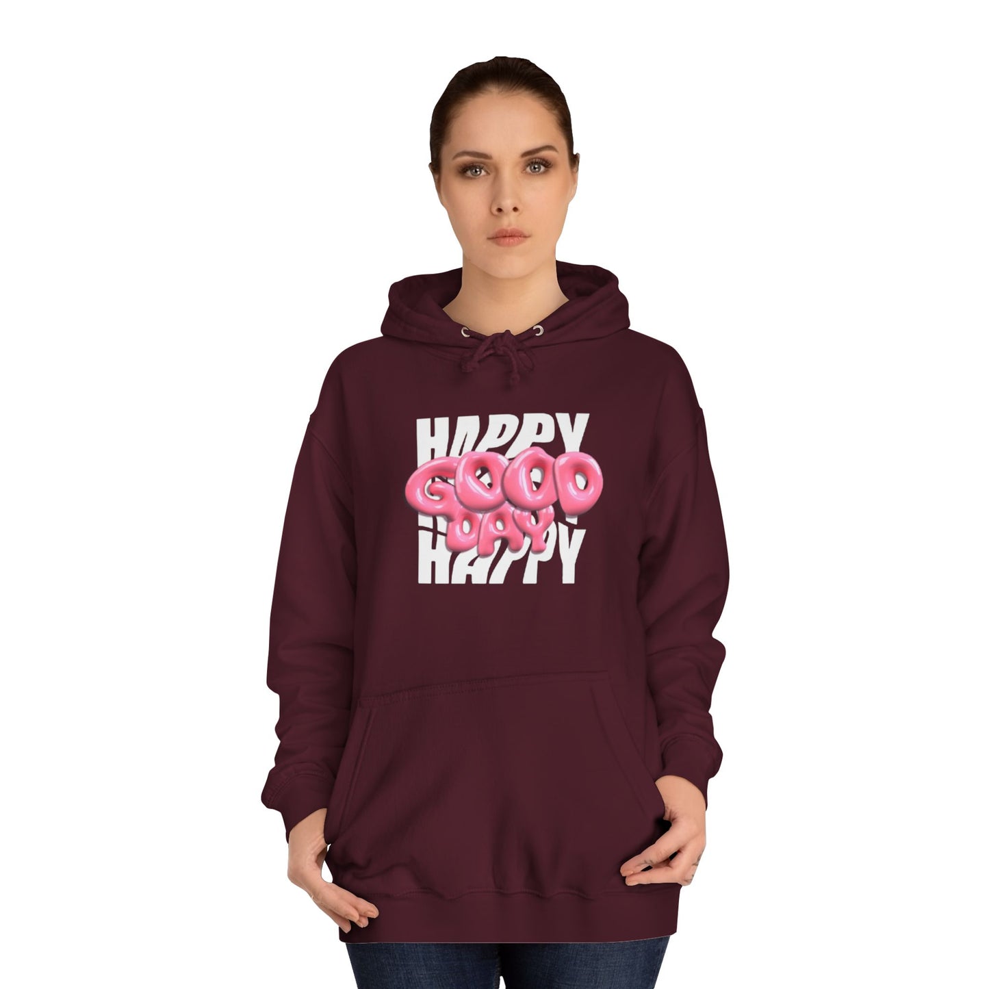 Happy Graffiti Hoodie — Pink Bubble Text College Pullover