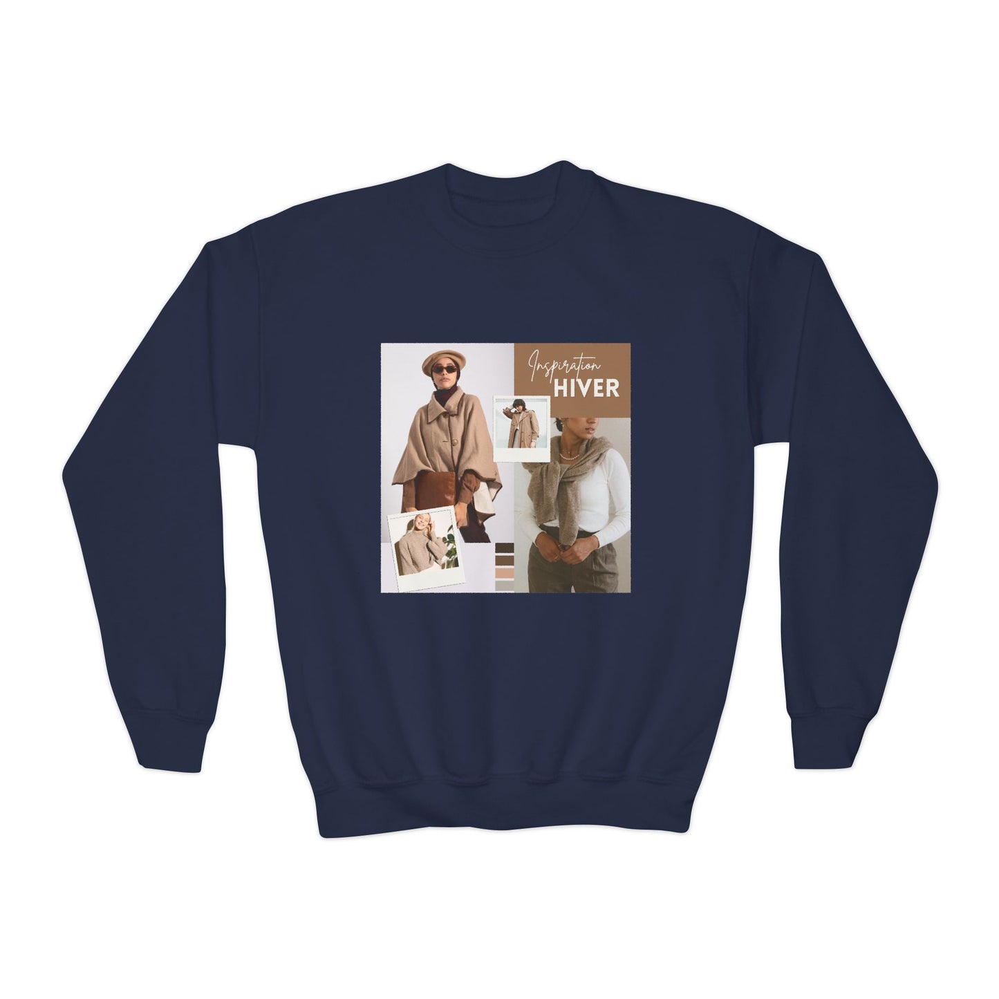 Youth Crewneck Sweatshirt — Cozy Winter Fashion Collage "Bonjour Hiver"