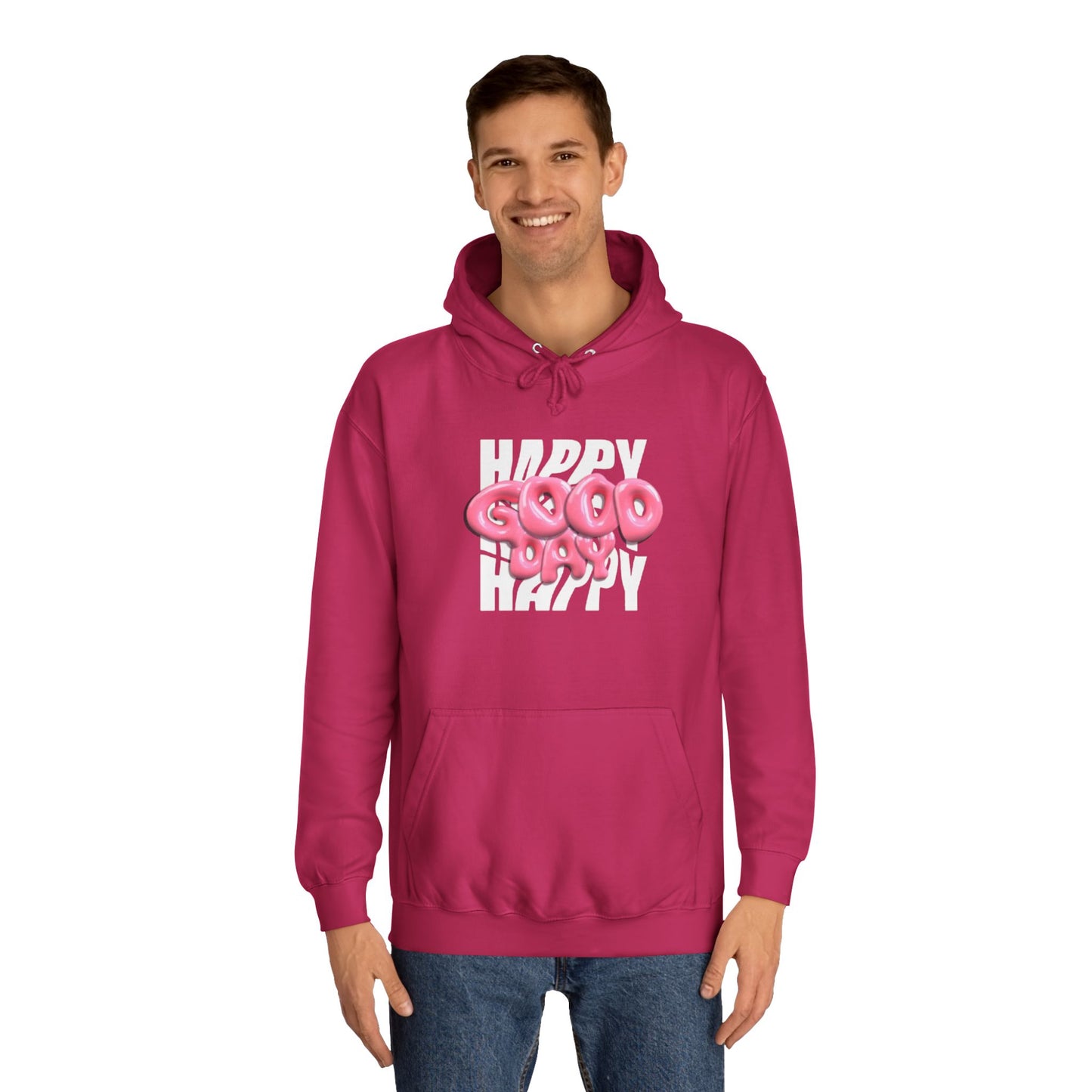 Happy Graffiti Hoodie — Pink Bubble Text College Pullover