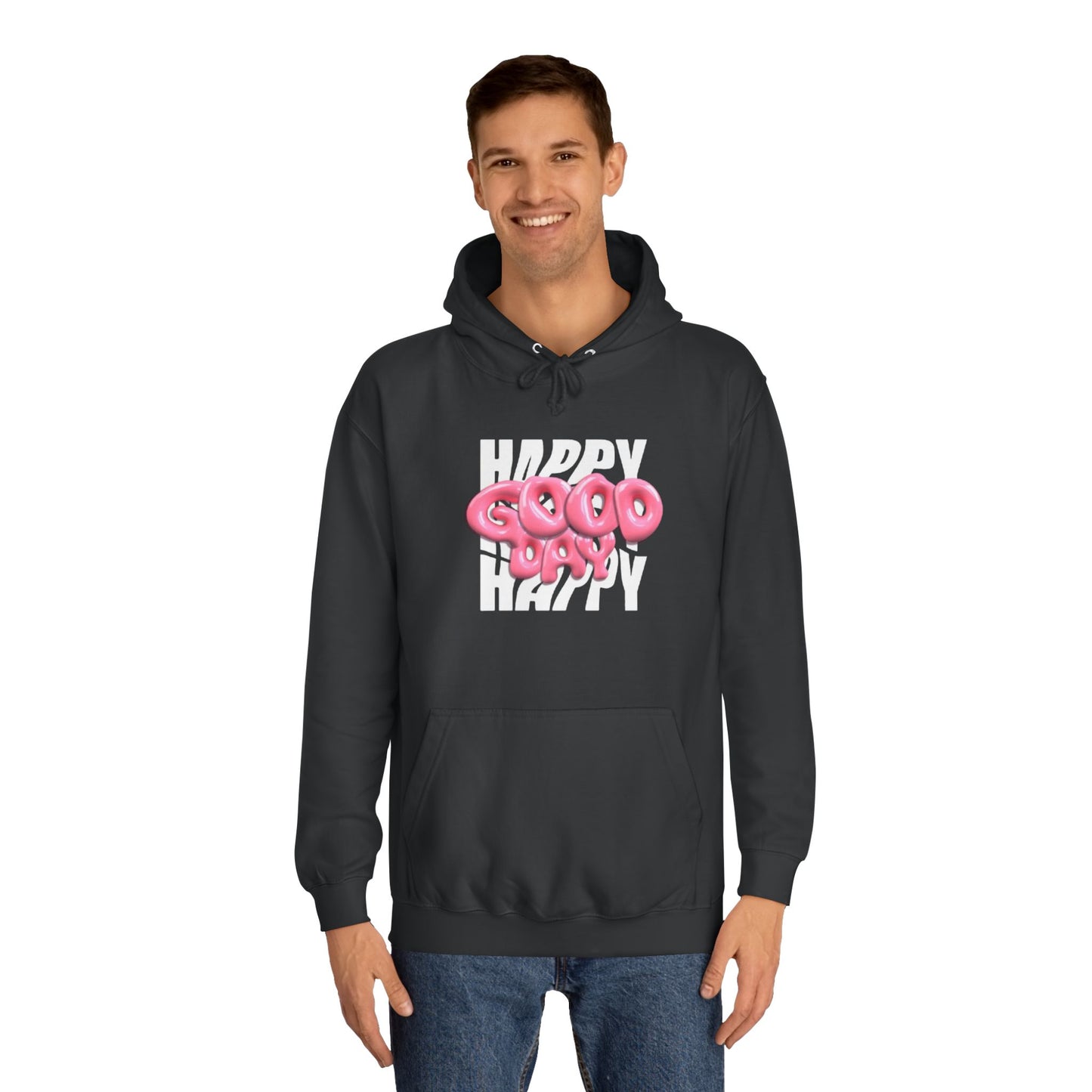 Happy Graffiti Hoodie — Pink Bubble Text College Pullover