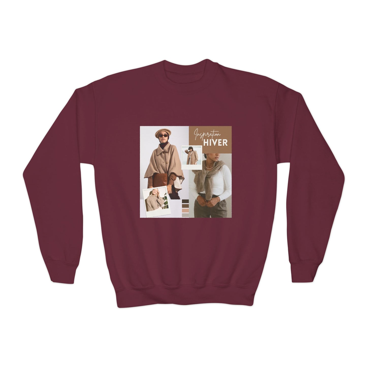Youth Crewneck Sweatshirt — Cozy Winter Fashion Collage "Bonjour Hiver"