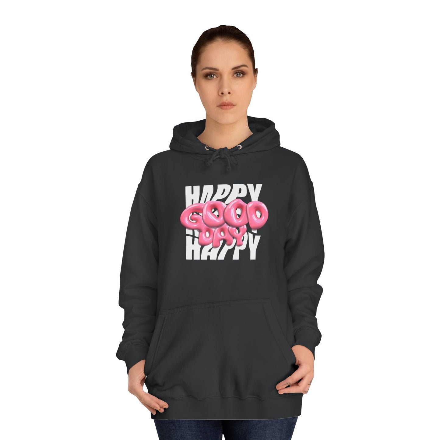 Happy Graffiti Hoodie — Pink Bubble Text College Pullover