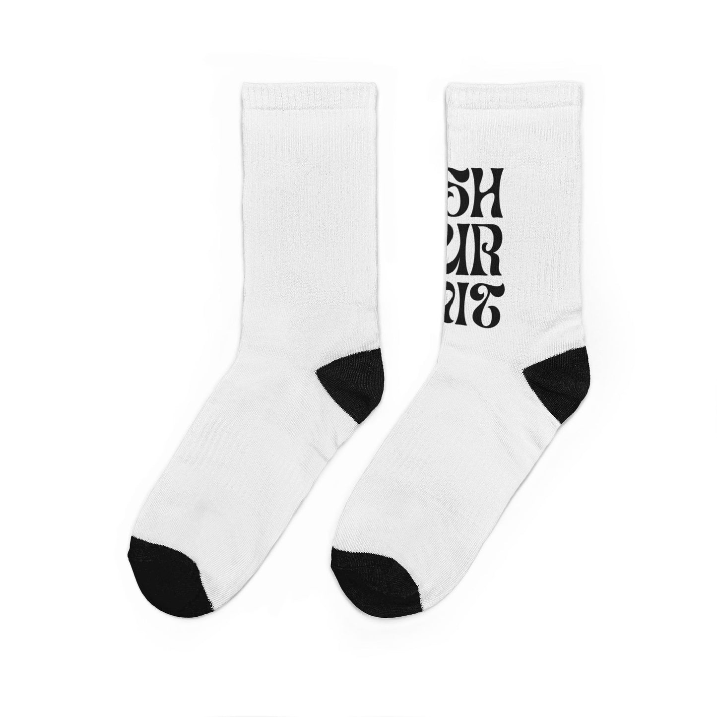Crew Socks — White Padded Crew Socks with Vertical Black Retro Text "Push Your Limits"