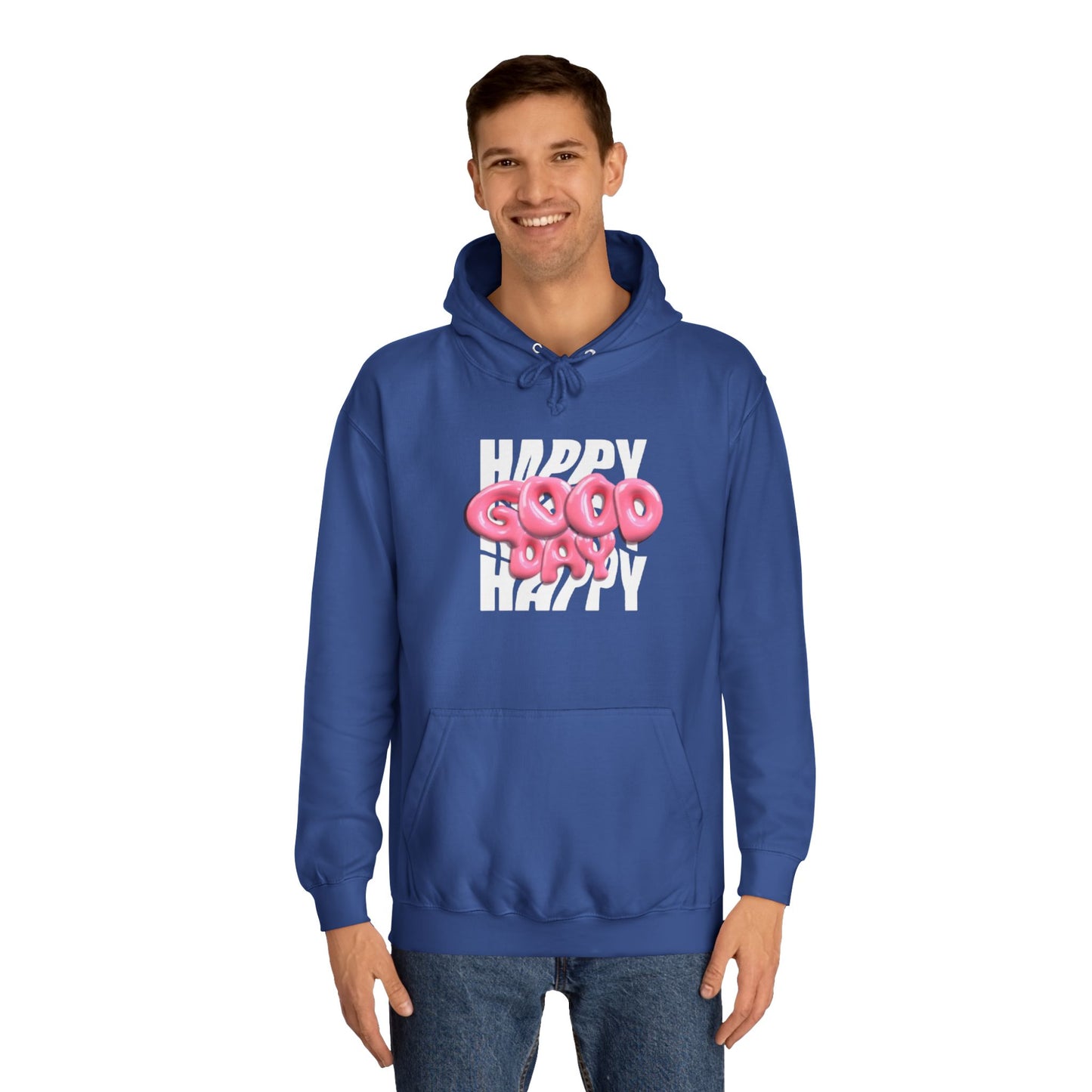 Happy Graffiti Hoodie — Pink Bubble Text College Pullover