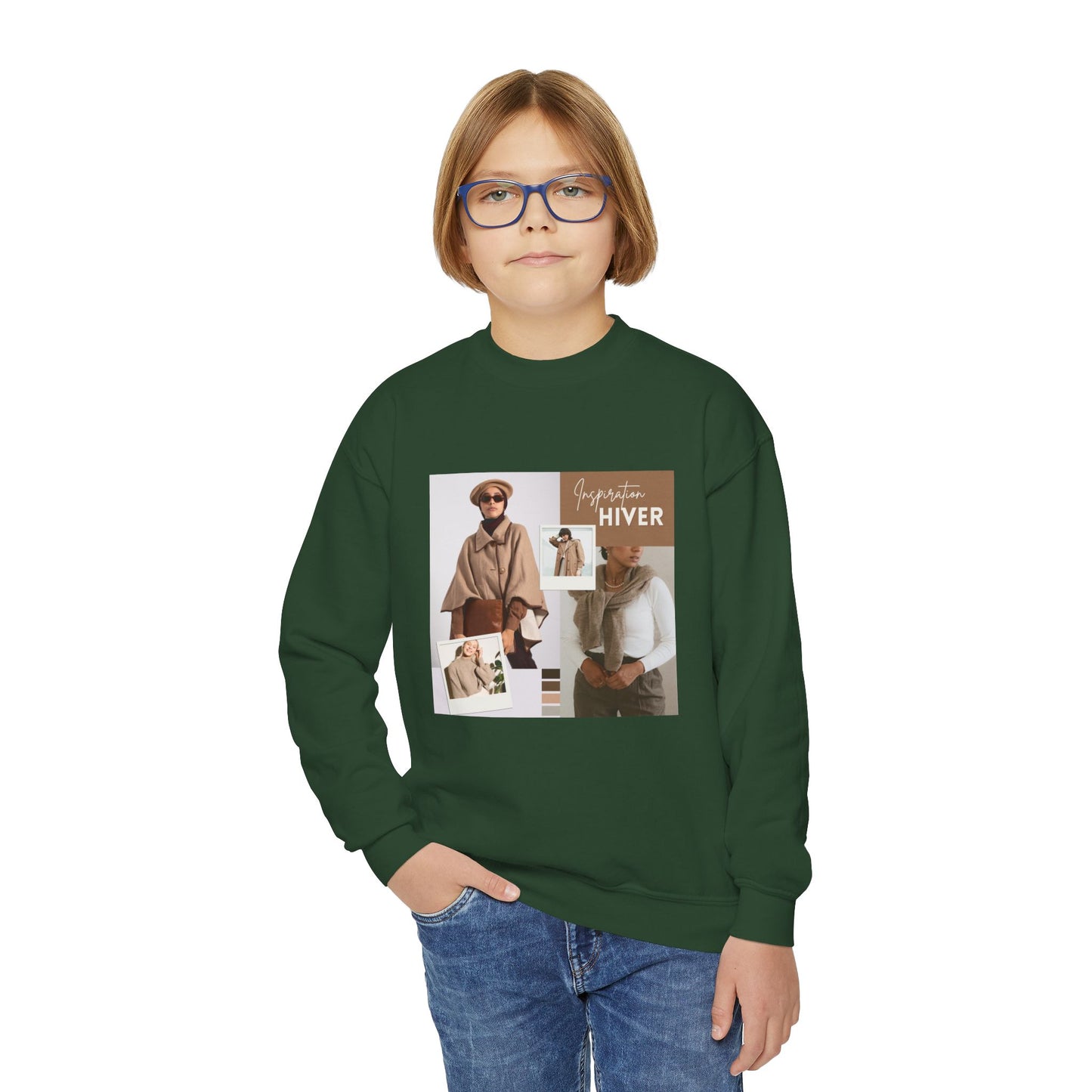 Youth Crewneck Sweatshirt — Cozy Winter Fashion Collage "Bonjour Hiver"