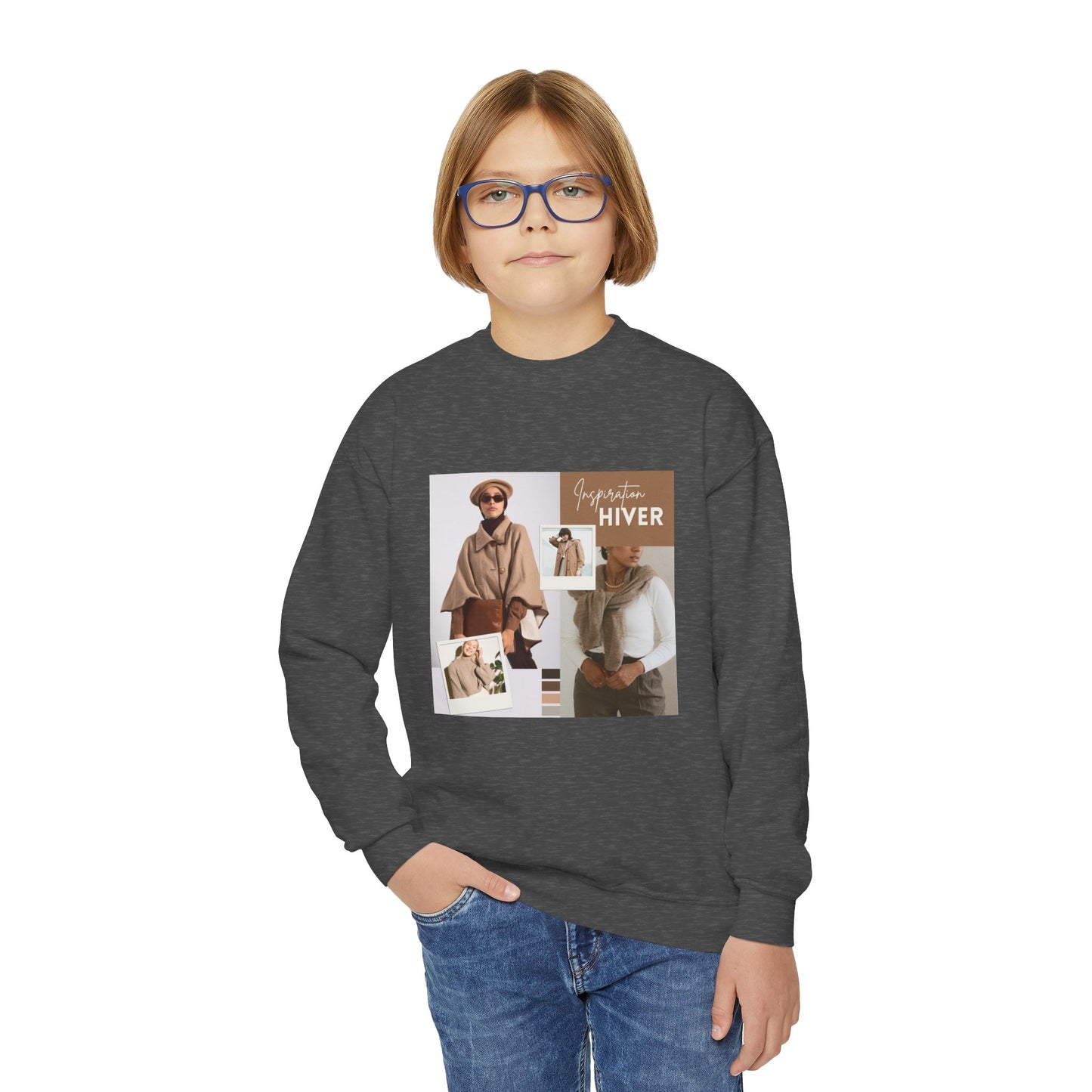 Youth Crewneck Sweatshirt — Cozy Winter Fashion Collage "Bonjour Hiver"