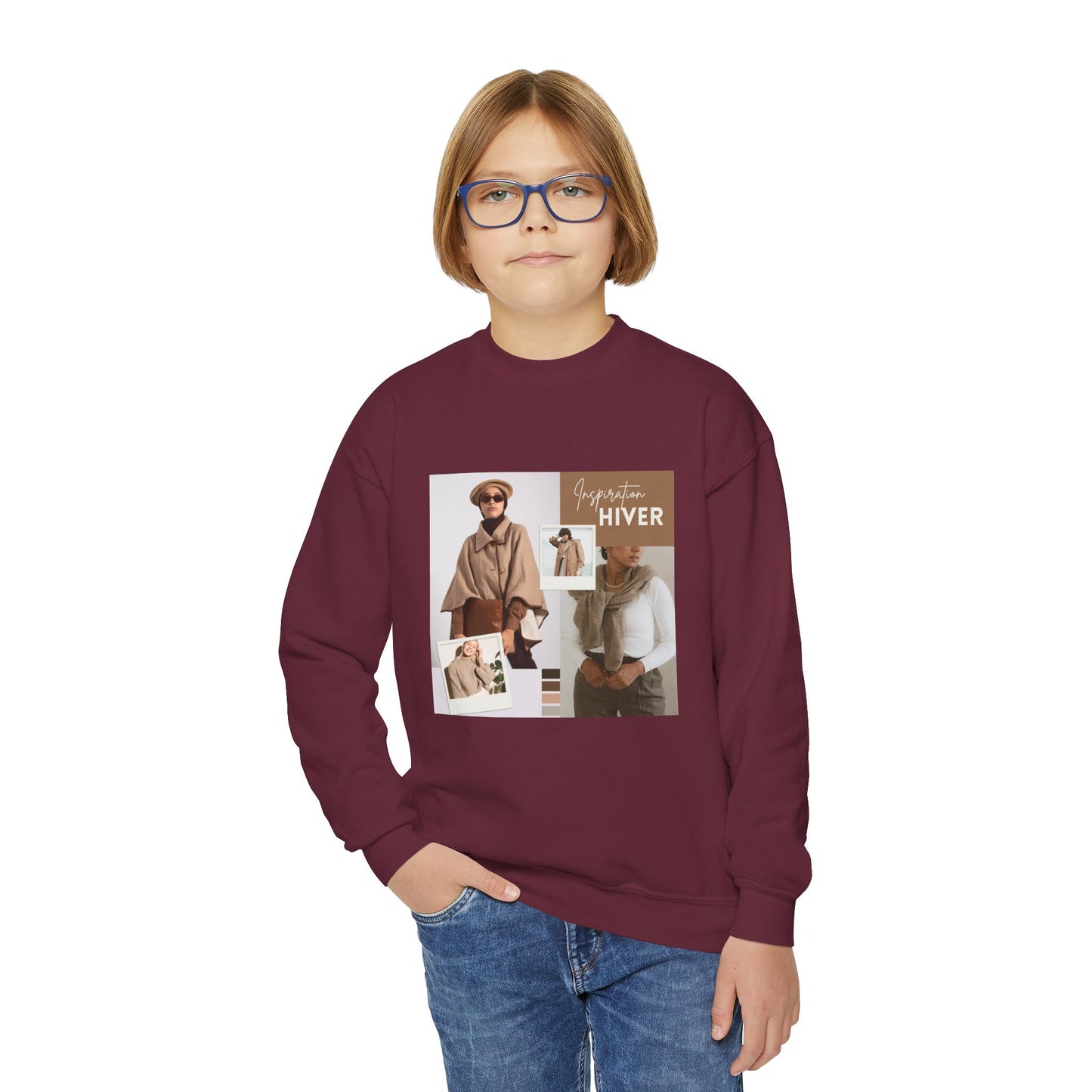 Youth Crewneck Sweatshirt — Cozy Winter Fashion Collage "Bonjour Hiver"