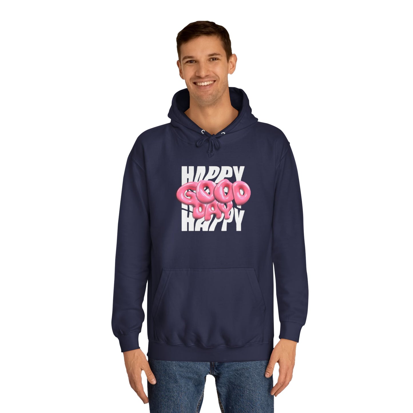 Happy Graffiti Hoodie — Pink Bubble Text College Pullover