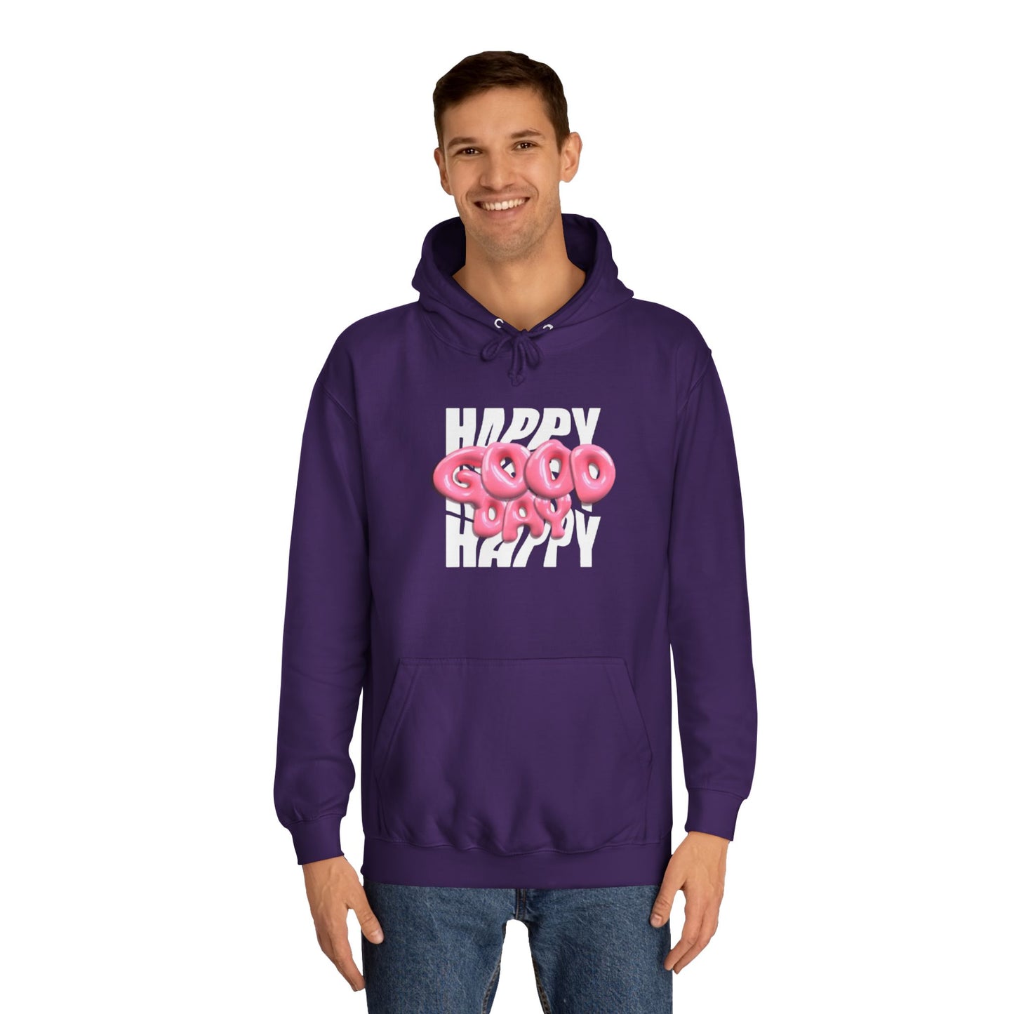 Happy Graffiti Hoodie — Pink Bubble Text College Pullover