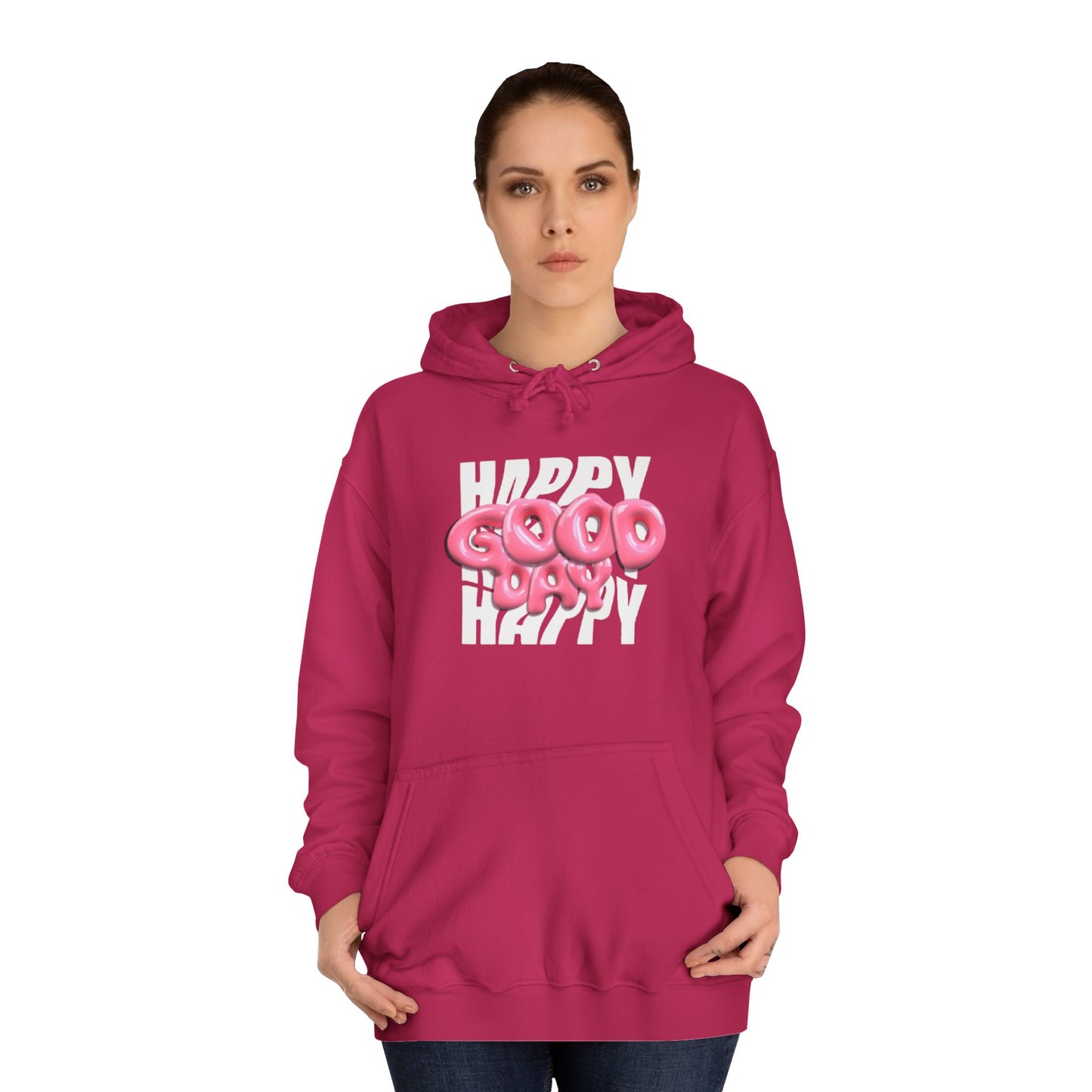 Happy Graffiti Hoodie — Pink Bubble Text College Pullover
