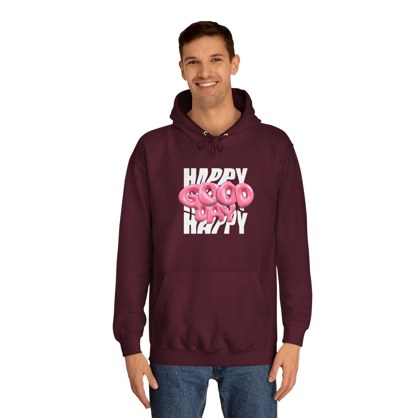 Happy Graffiti Hoodie — Pink Bubble Text College Pullover