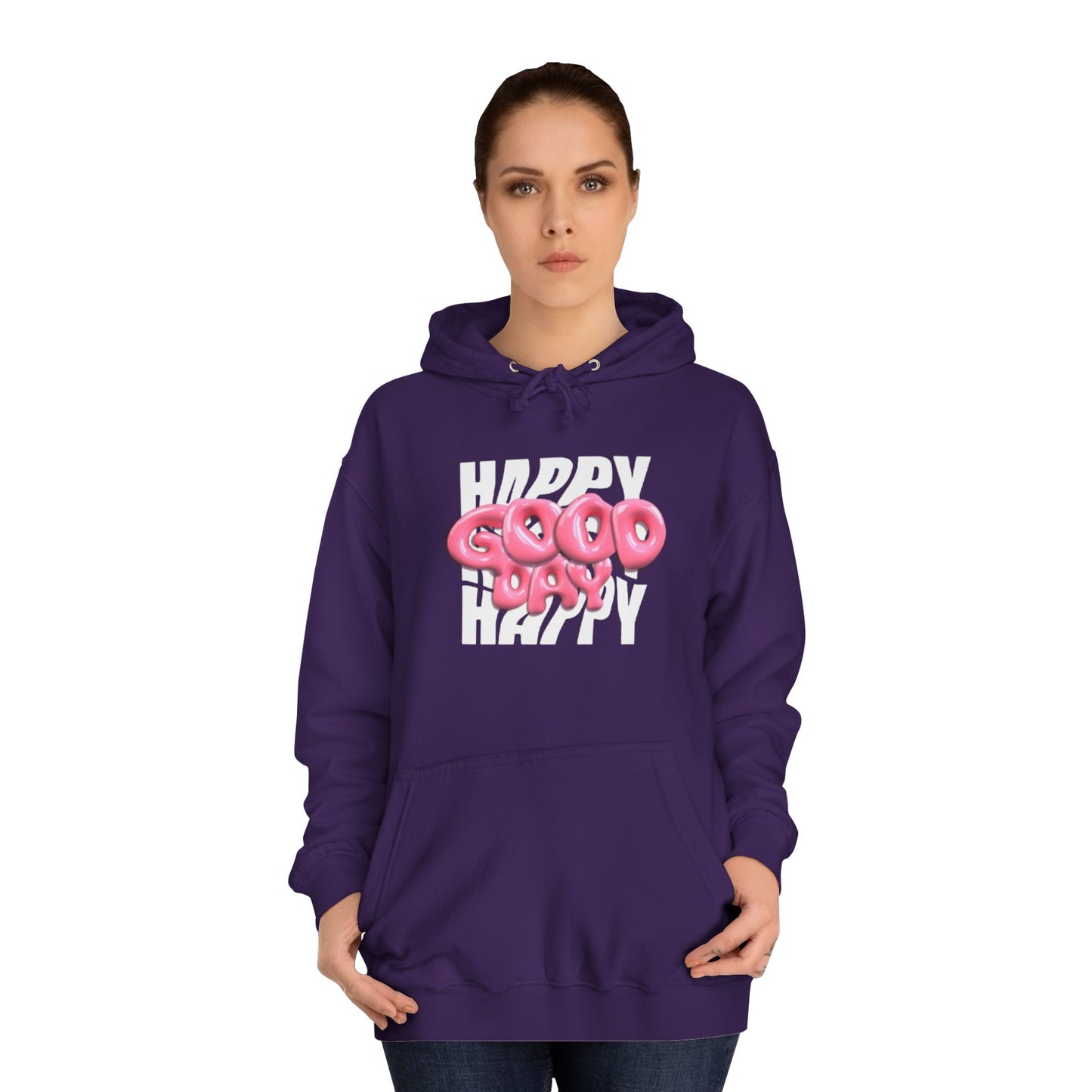 Happy Graffiti Hoodie — Pink Bubble Text College Pullover