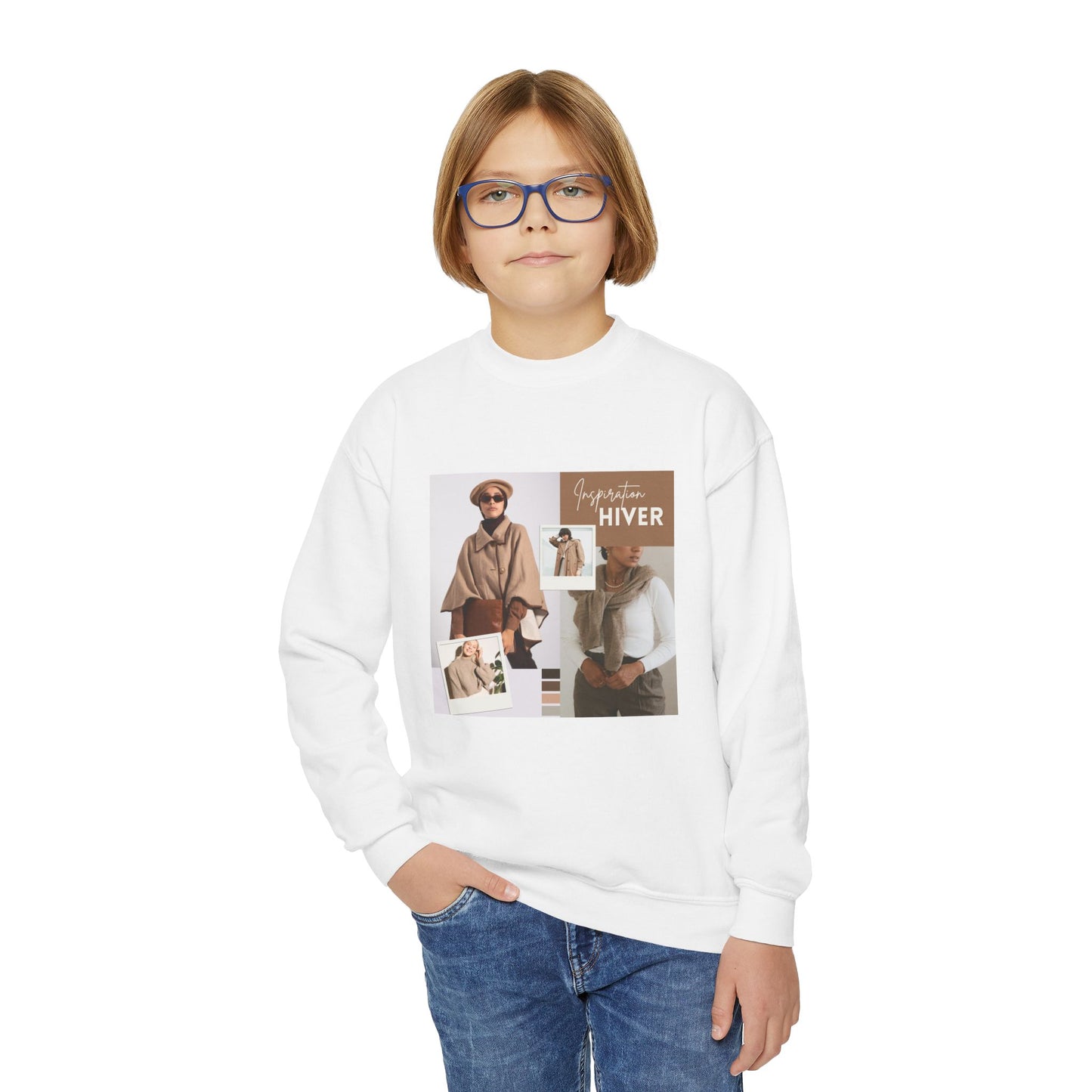 Youth Crewneck Sweatshirt — Cozy Winter Fashion Collage "Bonjour Hiver"