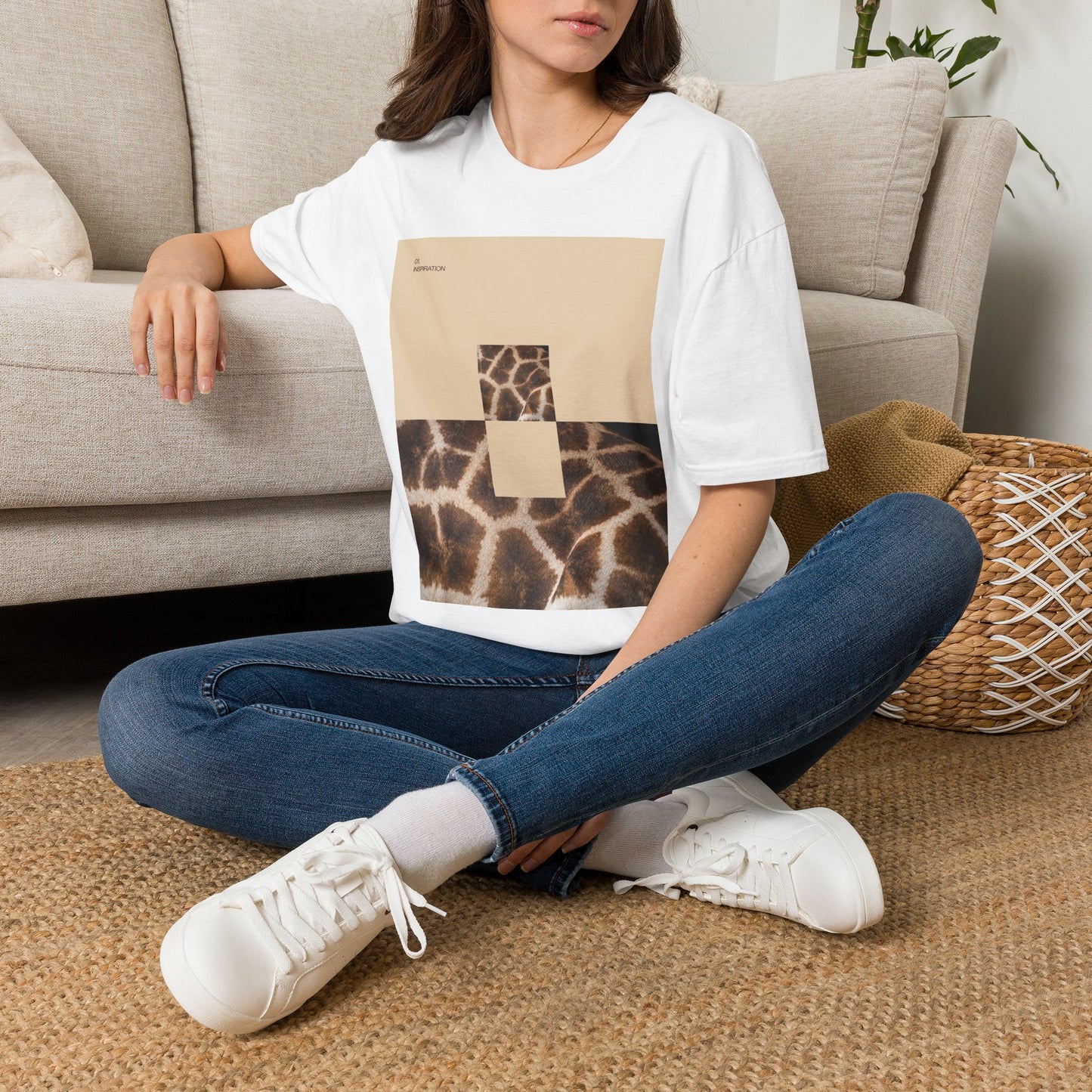 Graphic Tee — Neutral Geometric Giraffe Print ("Resurrection")