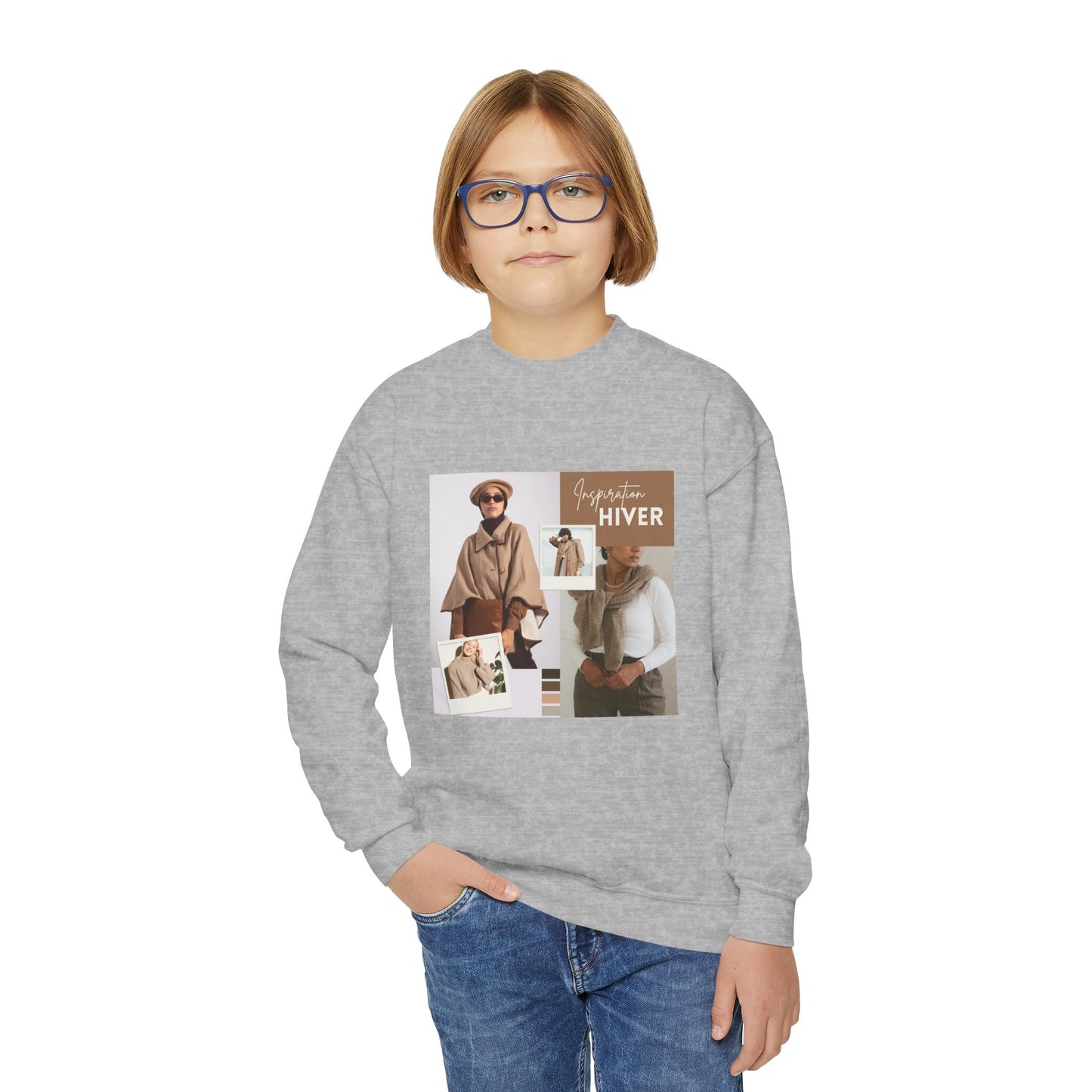 Youth Crewneck Sweatshirt — Cozy Winter Fashion Collage "Bonjour Hiver"