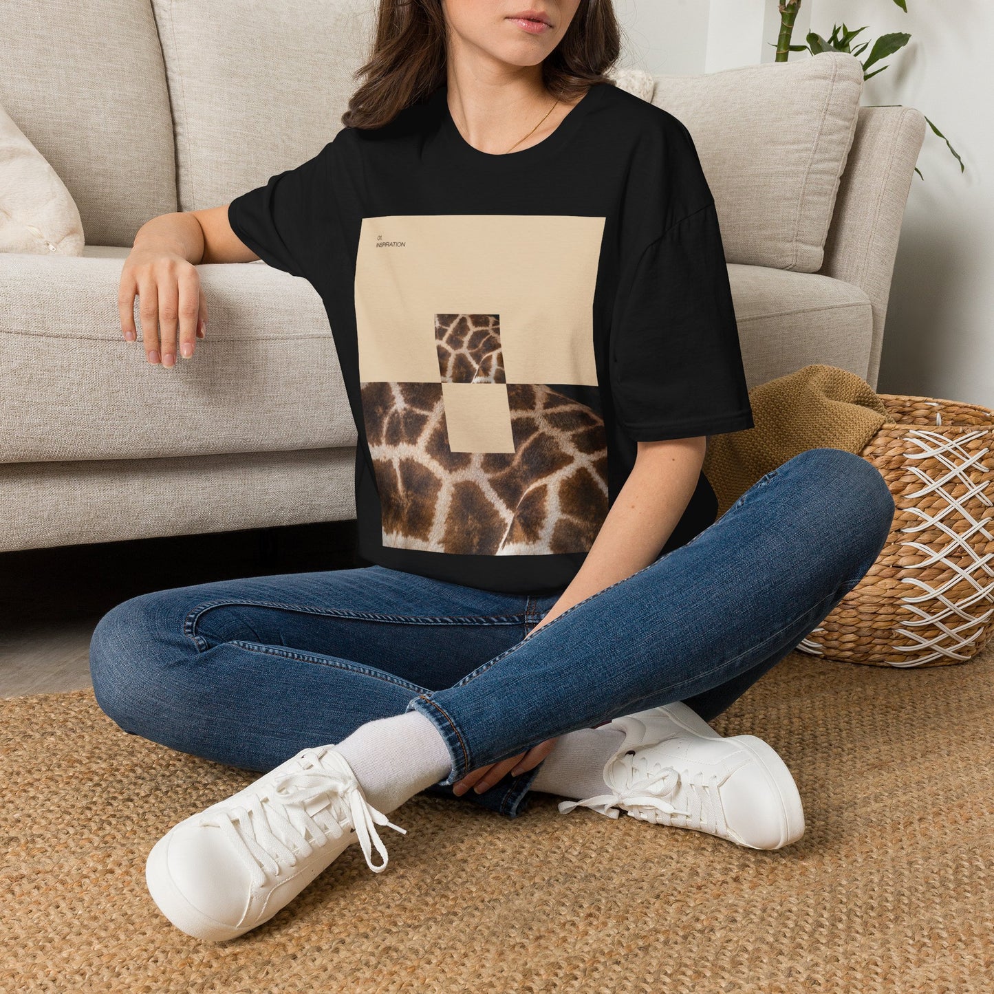 Graphic Tee — Neutral Geometric Giraffe Print ("Resurrection")