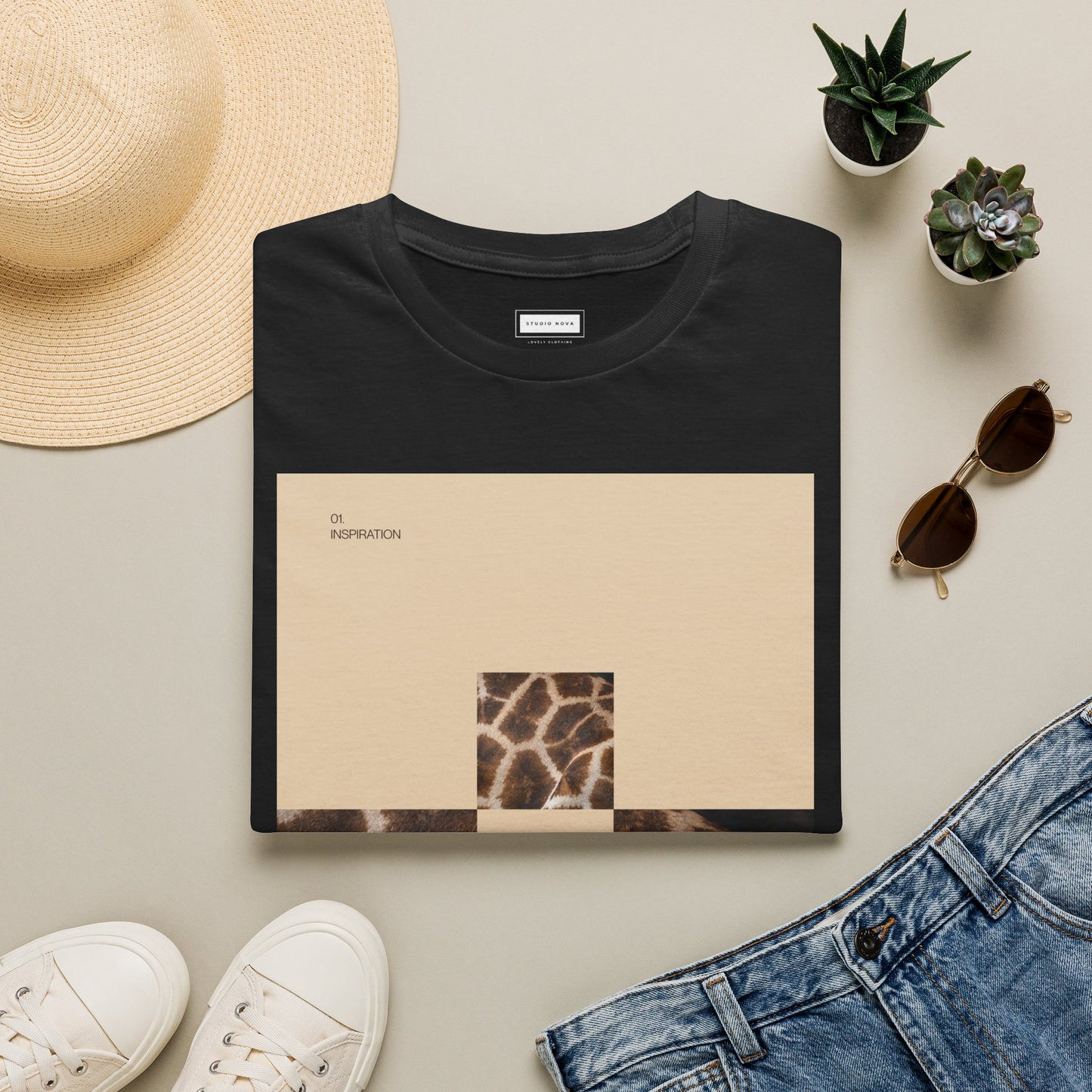 Graphic Tee — Neutral Geometric Giraffe Print ("Resurrection")